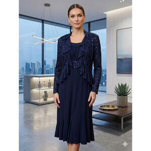 R&M Richards 2pc Dress Set Navy Lace Sequin Glam Minimalist Size 12 Event